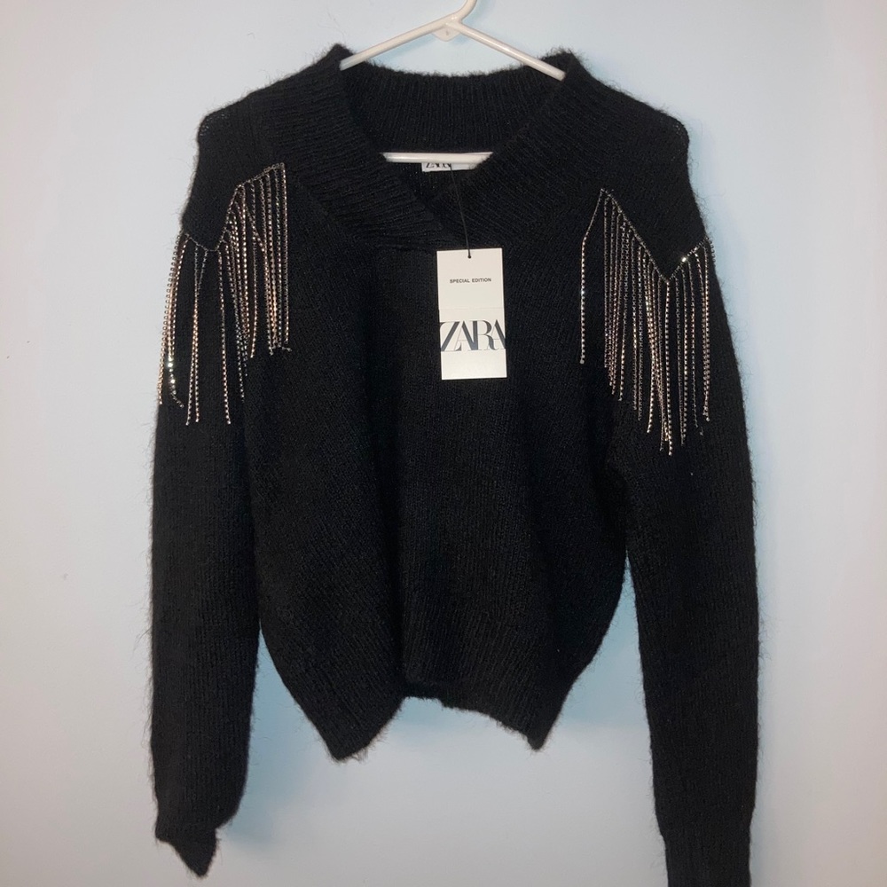 Zara Black Wool Sweater with Diamond Tassels